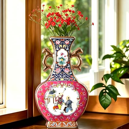 Jingdezhen Enamel Ceramic Vase for Home Decor, Chinoiserie Porcelain Handmade Ceramic Vase, Antique Luxury Accent Centerpiece for Living Room, Wedding Gift, Floral Arrangement (Pastel) - color: Purple