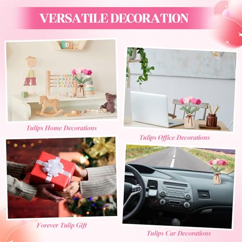 Marsui Crochet Knitting Tulip Bouquet with Vase 7" Knitted Artificial Forever Tulip Handmade Woven Flower with Exquisite Pot Gift for Father's Gifts Back to School Gift Family Home Desk Decor(Pink) - color: Pink, style: Tulip