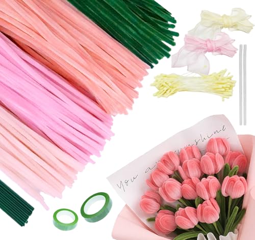 400 Pcs Pink Pipe Cleaners Craft, 4 Colors Chenille Stems Pastel Pipe Cleaners with Instruction, Flowers Craft Supplies for DIY Flower Bouquets, Home, Wedding and Party Decorations, and Gifts - color: Pink, size: 400pcs