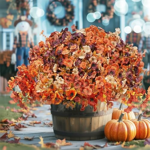 Artificial Fake Mums Flowers for Fall Outdoors Decor, 16 Bundles of Lifelike UV Resistant Colorful Silk Daisies – Ideal for Porch, Garden, Yard, Planter, Halloween & Thanksgiving Autumn Decoration - color: Mixed Color3(burgundy,orange,caramel,champagne)