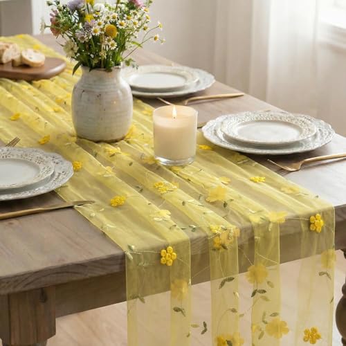 Artoid Mode 3D Flower Yellow Gauze Embroidery Table Runner 120 Inch 10FT, Tulle Seasonal Spring Kitchen Dining Holiday Table Decor for Home Party - color: Yellow