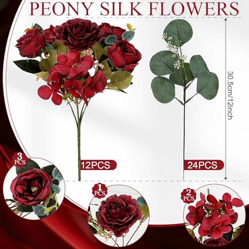 Peony Artificial Flowers, Faux Peonies Hydrangea Eucalyptus Bouquet 12 Packs Silk Vintage Realistic Peony Floral Arrangement for Vase Wedding Centerpiece Table Home Party Decor-Burgundy - color: Burgundy