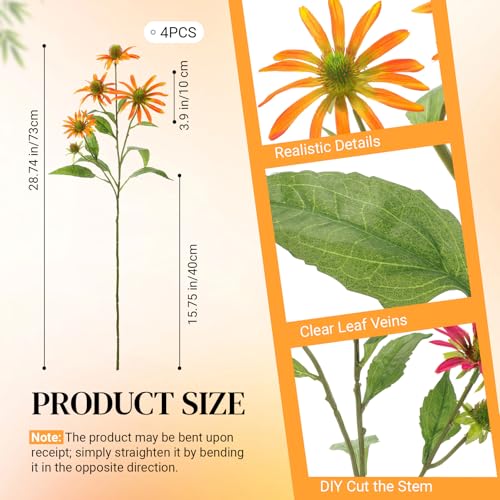 Knitgrip Orange 4 Pcs Artificial Coneflowers Stems 29 Inch Faux Echinacea Flowers Branch Realistic Farmhouse Fake Sunflower Floral Bouquet for Home Centerpiece Arrangement Indoor Outdoor Decor - color: Orange
