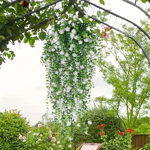 Artificial Hanging Flowers for Outdoor Indoor Decor, 6 Packs Fake Eucalyptus Vine Faux Flower Greenery Garland Plastic Plants Outside Wall Garden Wedding Home Party Decor (White) - color: White