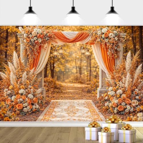 5X3ft Floral Photography Backdrop, Retro Flowers Backdrop Dreamlike Wedding Portrait Photo Background Romantic Wedding Birthday Bridal Shower Engagement Party Background Banner Decor, Orange-3 - color: Orange-3, size: 5x3ft