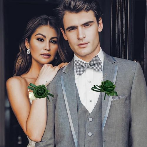 Green Corsage and Boutonniere Set for Bride Groom, Artificial Rose Flowers Wrist Corsage Bracelets Homecoming Flower Prom Suit Accessories Boutonniere for Wedding Prom Party Decorations - color: Green
