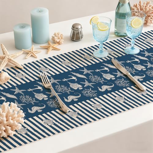 Larponder Starfish Coral Coastal Table Runner, 13x72 Inch | Ocean Beach Sea Animals Theme Table Runner Table Decoration, for Summer Holiday Kitchen Dinning Coffee Table Home Party Decor - color: Ocean-1, size: 13" x 72" (Rectangular)