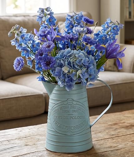 Yoillione Vintage Blue Metal Pitcher Vase, French Country Decorative Jug for Flowers, Rustic Farmhouse for Home Kitchen Decor - color: Lake Blue, size: Small