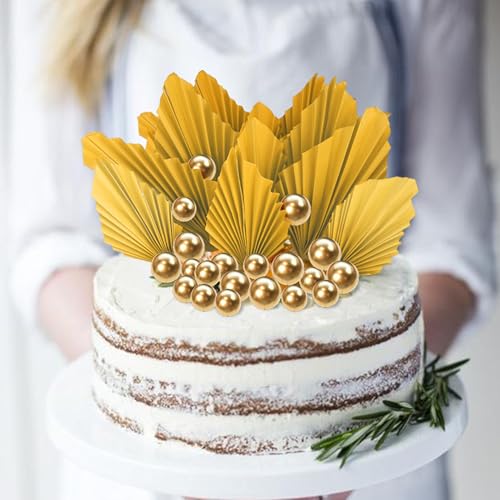 Rsstarxi 28 Pack Paper Palm Fan Cake Topper Balls Cake Topper Mini Balloon DIY Cake Insert Cake Decorations for Baby Shower Wedding Bridal Shower Birthday Party Decorations Gold - color: Gold