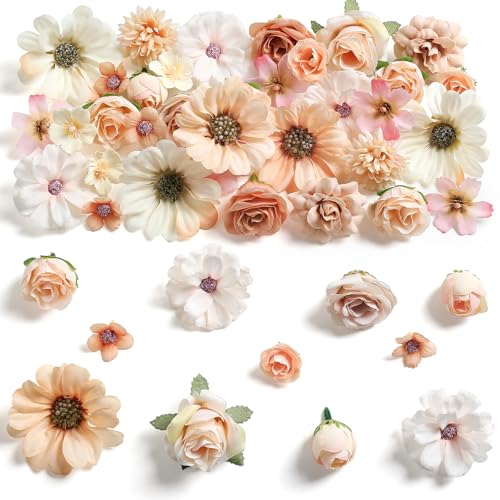 rongflower Mini Artificial Flowers for Crafts, 45 Pcs Nude Color Silk Fake Flowers Assorted Faux Roses Peonies Daisies Bulk for Wedding Decor Graduation Cap Cake Topper Home DIY - color: Nude Color