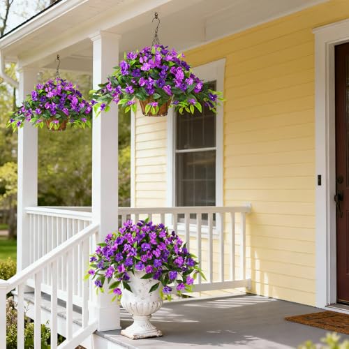 Hommyea Artificial Flowers for Outdoor, 2 Bundles UV Resistant Fake Plants Decoration Realistic Faux Silk Flowers No Fade Plastic Flowers for Outside Planters Home Porch Patio Yard Garden Decor - color: Double Purple
