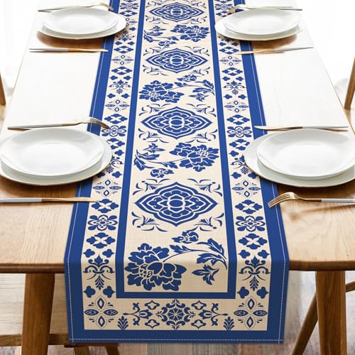 Chinoiserie Flower Dining Table Runner, Vintage Blue and White Porcelain Floral Burlap Kitchen Decoration, Farmhouse Retro Indoor Outdoor Home Decor Party Supply 13 x 72 Inches - color: Chinoiserie Flower, size: Table Runner 13''X72''