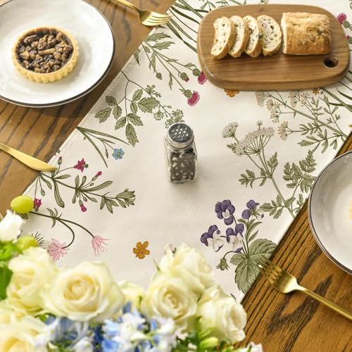 Artoid Mode Floral Wildflowers Herb Spring Table Runner, Seasonal Kitchen Dining Table Decoration for Home Party Decor 13x108 Inch - size: 13" x 108", Table Runner