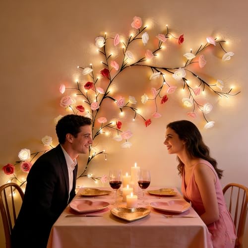 Rose LED Tree Branch Lights for Wall,Rose Blossom Vine Lights Decor with 72 LED Flower String Lights and USB Powered, 8 Lighting Modes for Indoor Window Wedding Valentine's Day Decor (63 in) - size: 63in, style: Rose