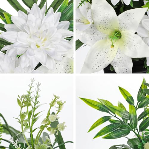 Hollyone Artificial Cemetery Flower for Graves, White Faux Lily Dahlia Flowers in Pot Silk Cemetery Memorial Flowers for Outdoors Gravesites Headstones Home Decoration - color: White-dahlia Lily