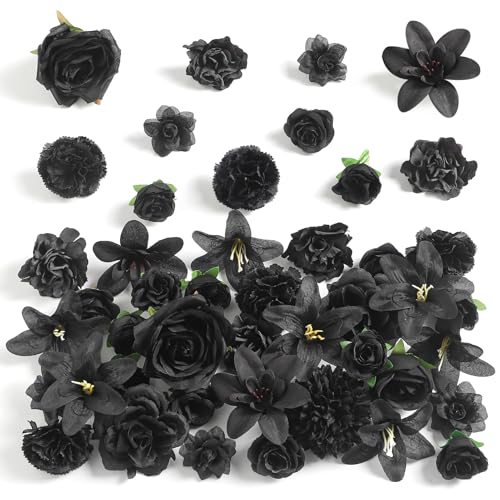 rongflower Fake Flower Heads for Crafts - Black Silk Artificial Roses, Peonies, Daisies & Floral Heads (48-Pack) for Wedding Decor, Graduation Caps, Baby Showers, Halloween Decor, and Home Decoration - color: Black