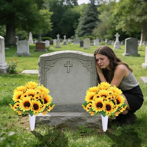 Artificial Cemetery Flowers for Grave Decorations - 4 Sunflower Bouquets with 2 Vases & Spikes - Lifelike Memorial Flowers for Cemetery Headstones Decoration ﻿ (Yllow)