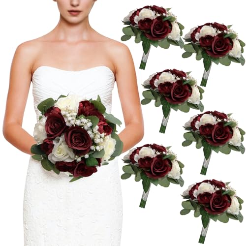 Set of 6 Bridesmaid Bouquets, 11 Inch Wedding Bouquets for Bridesmaids Artificial Flower Bouquets for Wedding Ceremony Bridal Shower Decorations - Burgundy & White - color: Burgundy & White, size: Set of 6 Bouquets
