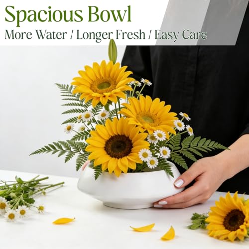 Ceramic Japanese Ikebana Vase Set with 2 inch Flower Frog Handmade Flower Pot Flower Arrangement Floral Art Supplies Flower Bowl Decorative Flower Vase - color: Small White