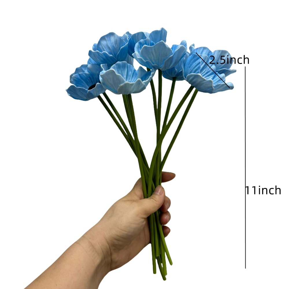 Rikyo 10 pcs Artificial Flower Light Blue Poppy Flowers, 11” Outdoor No Fade Multicolor PU Fake Wild Flower for Kitchen Table Centerpiece Vase,Home Greenery Wedding Holding Flowers Backdrop Arch Wall - color: Light Blue