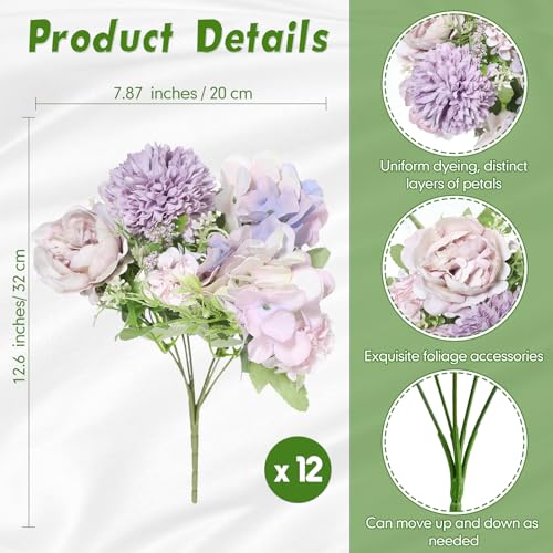 Tigeen Artificial Flowers Artificial Peonies Silk Flowers Faux Peony Fake Peony Silk Hydrangea Bouquet for Wedding Table Centerpiece Floral Vase Decor(Light Purple,12 Bundles) - color: Light Purple