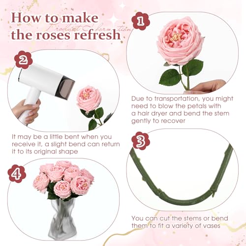 Daifunli 10pcs Real Lifelike Peonies Artificial Flowers, Faux Austin Rose with Long Stem Look Real Fake Flower for Christmas Valentines Arrangement Wedding Party Home Kitchen Decor(Pink) - color: Pink