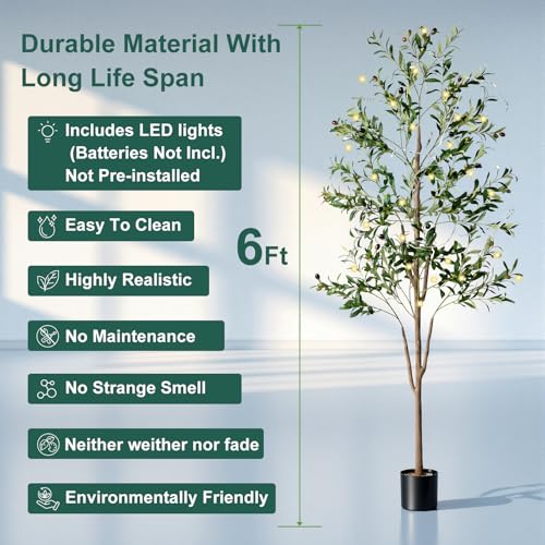 Olive Tree, 6FT Tall Faux Olive Tree with Lights Moss and Planter, Olive Trees Artificial Indoor with Realistic Wood Trunk and Lifelike Fruits, Fake Olive Tree for Home Office Living Room Decor