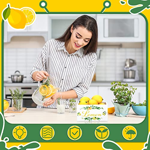 Yulejo Summer Lemon Tiered Tray Decor, Farmhouse Mini Wooden Crate with 8 Pcs Fake Lemons, Lemonade Decorative Box Rustic Table Centerpiece for Kitchen Home Shelf Party Decorations