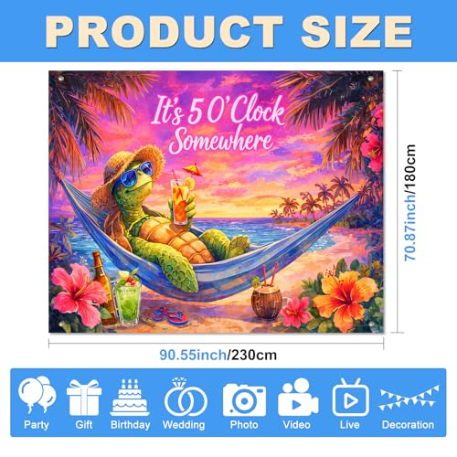 BlissYard Summer Backdrop 8x6ft Tropical Turtle Hammock Beach Party Background Cloth for Photography, Sunset Island Luau Banner Photo Booth Scene with Hibiscus Flowers Ocean Cocktail Decor - color: Tropical Turtle#2