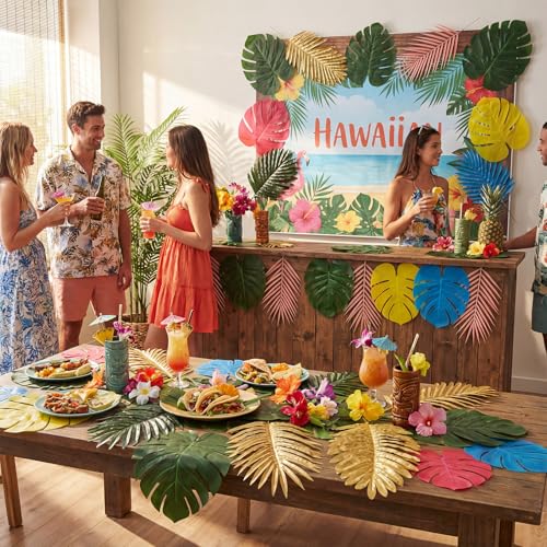 84 Pcs Artificial Palm Monstera Leaves Colorful Set Tropical Fake Leaves Monstera Green Pink Yellow for Luau Hawaiian Theme Party Table Decoration Beach Wedding Birthday Summer