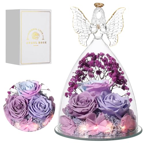 Mothers Day Rose Gifts for Women Preserved Real Flower in Glass Angel Figurines Roses for Delivery Prime Birthday Gifts for Mom Grandma Girlfriend Wife Her, Multi Purple - color: Multi Purple