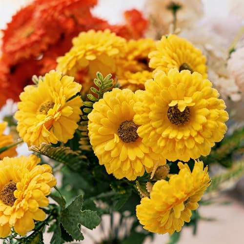 Artificial Mums, Outdoors Faux Fall Flowers Plants for Autumn Home Decor, 10 Bundles Natural Texture Daisy UV Resistant Indoor Festival Decoration for Wedding, Yard, Patio, Porch...(Yellow) - color: Yellow