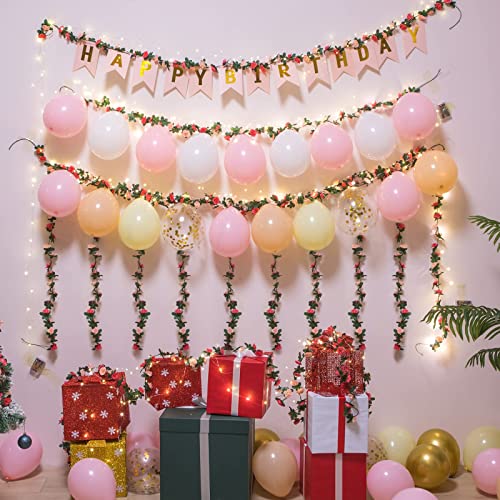 MARTINE MALL Rose Vines with 99 Ft/300 LED String Lights, Floral Garland for Bedroom, Wedding Decor - color: Pink With Lights, size: 12 Packs