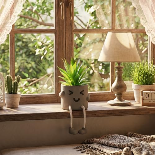 Cute Artificial Succulent Plant in Cement Pot with Hanging Legs - Kitchen Shelf, Bathroom, Office Wall Decoration, Mini Fake Succulents Decor Accents for Desk Shelf - Set of 1 - color: 1pcs-wink