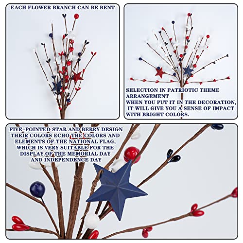 4 Pack Patriotic Artificial Berry Stem Picks White Blue Red Stars for 4th of July Independence Day, Pentagram Faux Berry Branches Decoration for Home Office Restaurant Vase Décor - color: Patriotic White Blue Red Stars