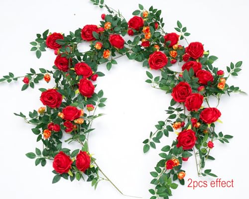 6FT Bendable Flower Garland, Artificial Rose Vine Hanging Floral Garland Decoration for Weding Home Room Wall Decor (Red, 1pcs) - color: Red, size: 1pcs
