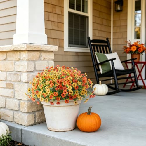 Fall Mums Artificial Flowers for Outdoors Potted, 12 Bundles Fake Fall Daisy Flower with Realistic Eucalyptus Leaves, Fake Plants for Greenery Boxwood Porch Patio Garden Pot Lawn(Yellow Orange) - color: Yellow Orange