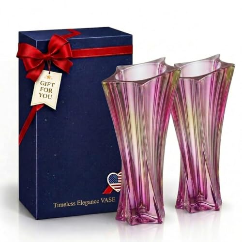 Crystal Glass Vase – Heavy Crystal Vase for Flowers with Weighted Bottom, Thick Durable Decorative Vases for Modern Home Decor, 9.8″ 3.5lb Clear Centerpiece (Gradient Pink X 2) - color: Gradient Pink X 2