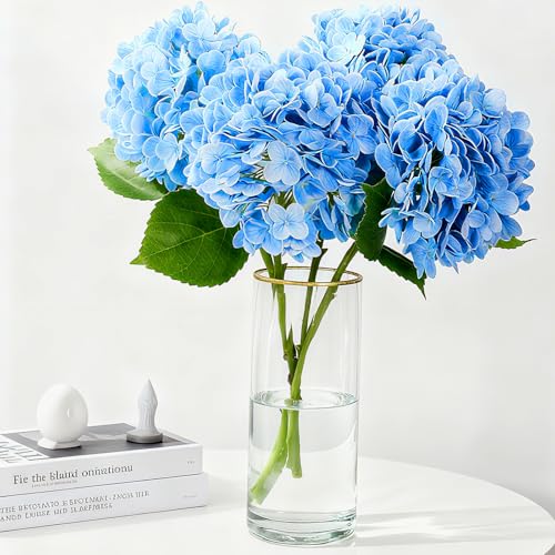 20" 4Pcs Blue Faux Hydrangea Flowers Real Touch Fake Hydrangeas Bouquet Hydrangea Artificial Flowers with Leaves Stems for Centerpiece Arrangements Wedding Party Home Décor - color: Blue