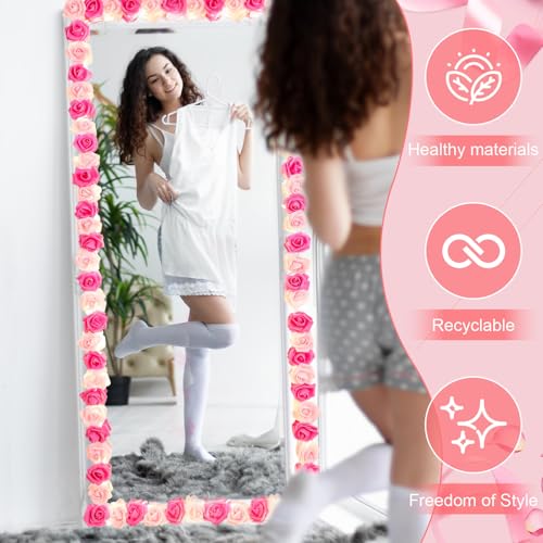 LemonRoad 92 Pcs Pink Roses Artificial Flower Mirror Border Foam Flower Heads with LED Light DIY Mirror Frame Door Frame Decoration for Bedroom Bathroom Wedding Birthday Clothing Store Decoration