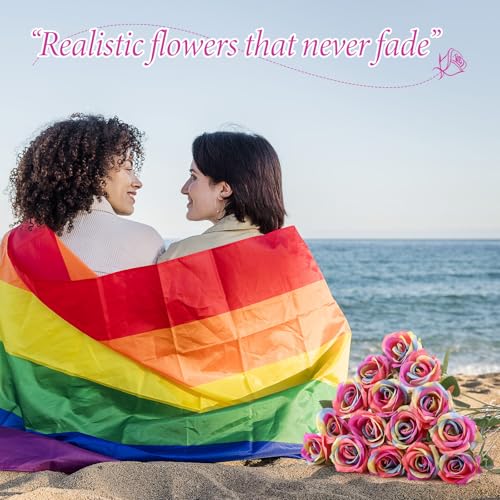 Hotop 20 Pcs Artificial Rose Flowers with Long Stem,Real Lifelike Silk Realistic Plastic Bouquet Roses Bulk for Home Decor Bridal Wedding Party Table Centerpieces Decorations(Rainbow) - color: Rainbow