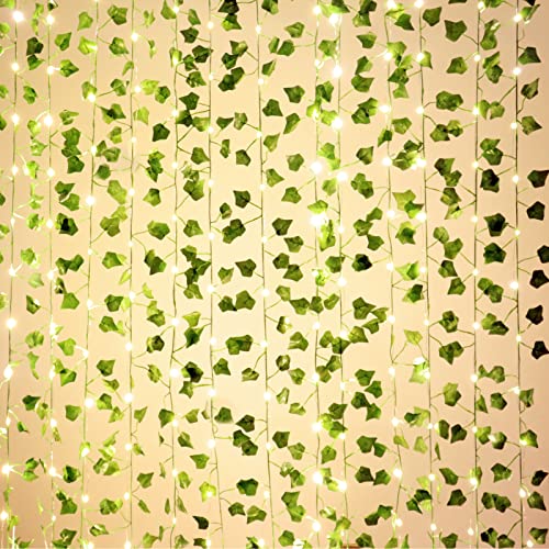 12 Pack Fake Vines for Room Decor with 100 LED String Light Artificial Ivy Garland Hanging Plants Faux Greenery Leaves Bedroom Aesthetic Decor for Home Garden Wall Wedding - size: 12pcs Ivy with 100 LED