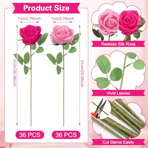 72 Pcs Artificial Roses Hot Pink, Pink Fake Silk Roses Realistic Roses Faux Flower Indoor Wedding Home Decor, Birthday Decorations - color: Pink,hot Pink