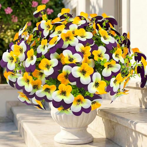 lovemoon 16 Pcs Artificial Pansy Flowers for Outdoor Faux Silk Spring Flowers for Outside, Realistic Pansies for Window Box, Planter, Front Door, Porch and Garden Home Decor(16, Yellow,White,Purple) - color: Yellow,white,purple