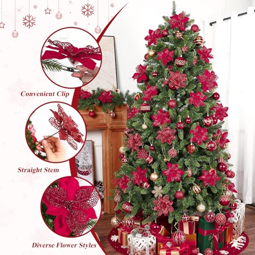 Alupssuc 24 PCS 3 Styles 6'' Poinsettia Christmas Flowers Artificial, Glitter Artificial Flower, Christmas Decorations for Xmas Tree Party Wreath Fireplace, New Year Ornaments, Red - color: Red