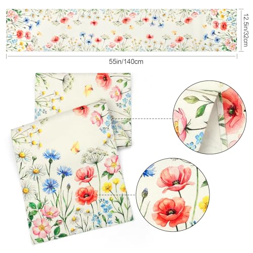 Betylifoy Floral Table Runner Daisy Watercolor Wildflower Table Runners Spring Summer Butterfly Kitchen Dining Table Decoration for Home Party Coffee Table Decor 13x55 Inch - color: Floral, size: 13x55inch