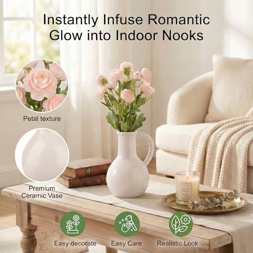 Floral Arrangements Artificial Peonies in Ceramic,15 Pink Fake Peony Flowers,Faux Silk Flower Arrangement for Home Decor Living Room Dining Table Office（White） - color: White