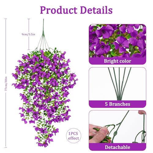 Betylifoy Artificial Hanging Flowers for Outdoors Summer Decor 2PCS Fake Hanging Plants UV Resistant Faux Silk Purple Violet Flowers Greenery Trailing Vines for Indoor Outside Garden Porch Decor - color: Purple