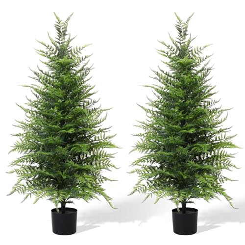 Grooy Artificial 4FT Fern Topiary Trees, Set of 2 Potted Realistic Boston Fern Plants Shrub, Fake UV Resistant Evergreen Bushes Tree for Porch Garden Indoor Outdoor Decor - color: Green Fern Tree