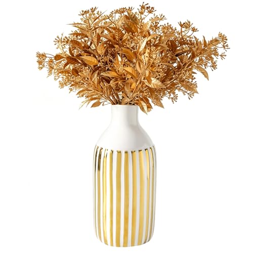 White and Gold Vase, Ceramic Flower vases for Centerpiece, Decorative Flower Vases Vertical Pattern, Vintage-Vases, Tall-Vase for Home Decor, Centerpiece, Modern Minimalist, Indoor/Outdoor（10in） - size: 10 inch